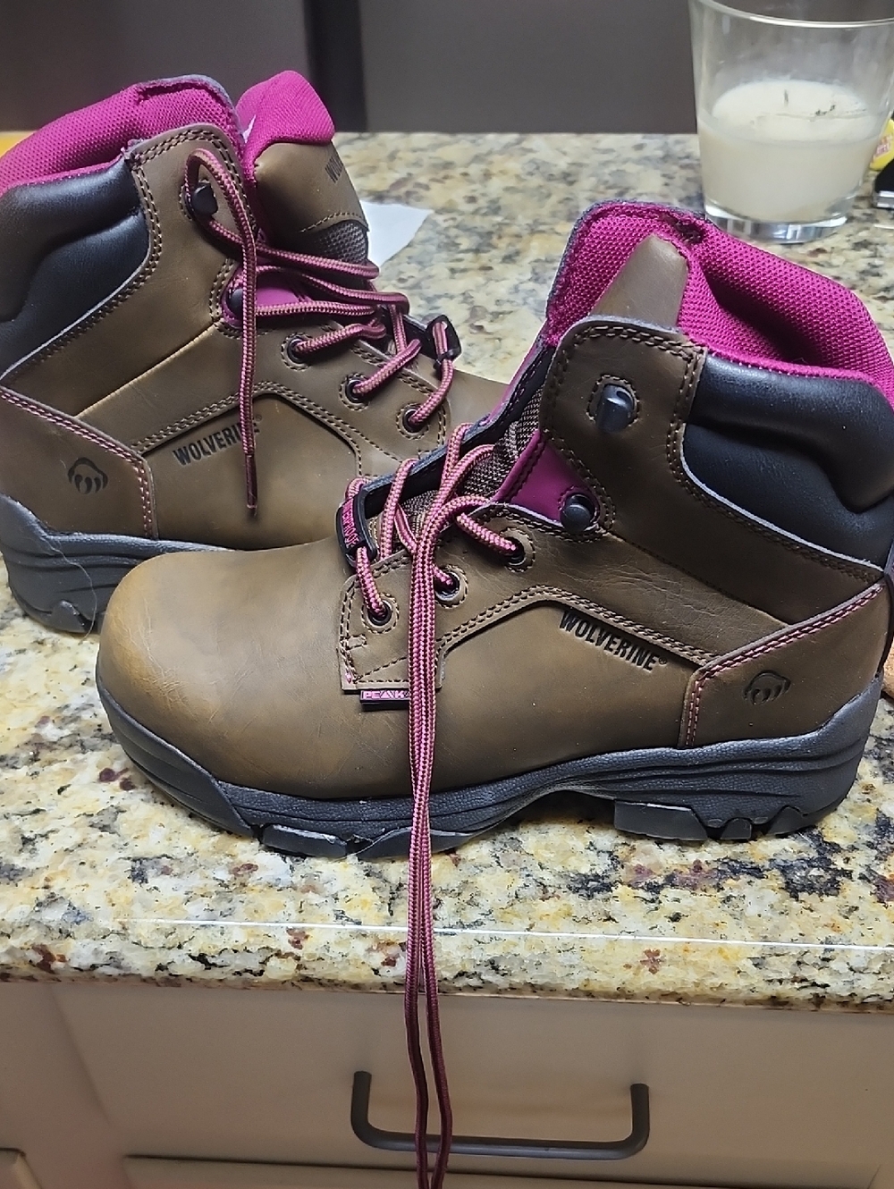 Wolverine Steel toe Brown Leather Work Boots with Pink Trim